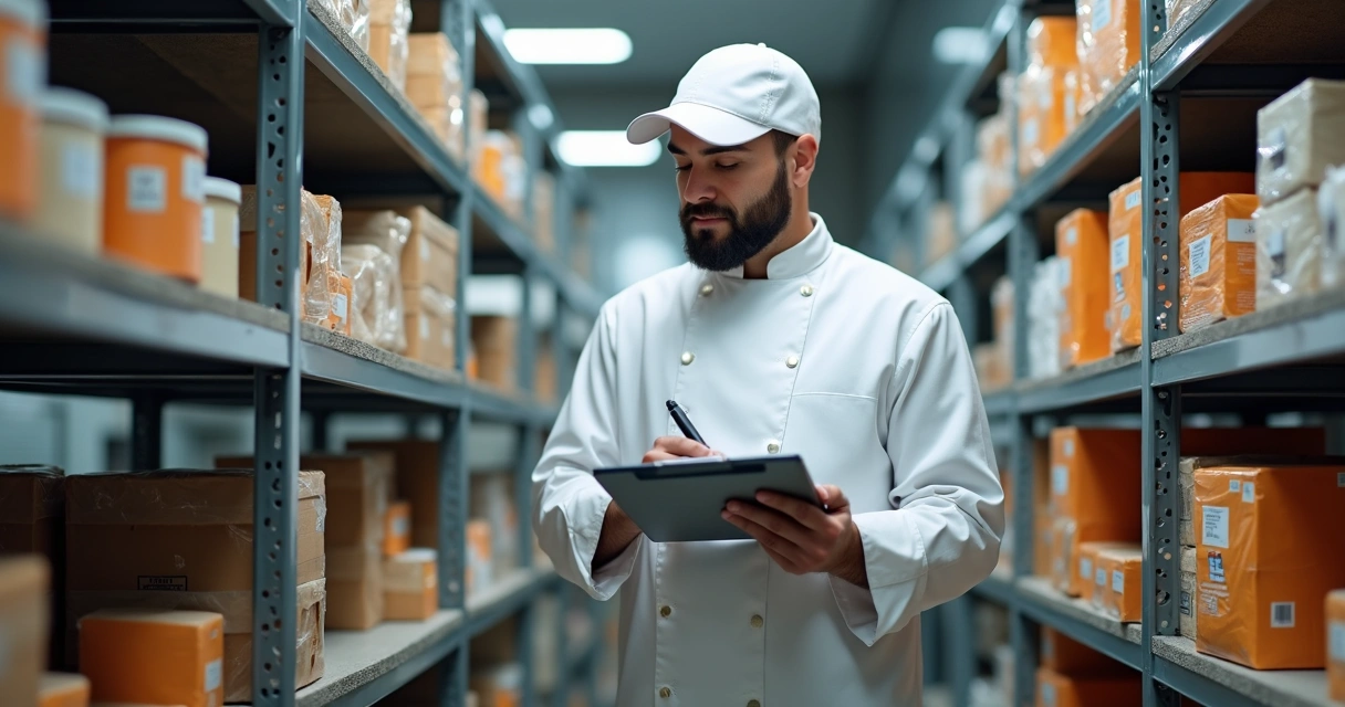 Profissional de restaurante conferindo prateleira de estoque com lista em mãos