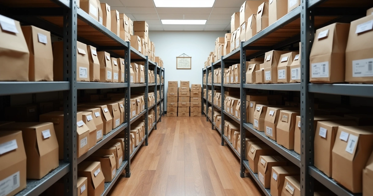 Estoque organizado com caixas de insumos alinhadas 