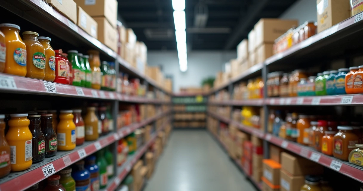 Prateleiras de estoque organizadas com etiquetas visíveis nos produtos 