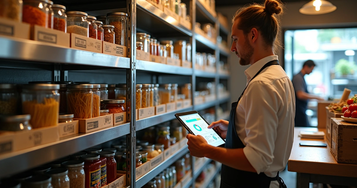 Pequeno restaurante com prateleiras organizadas e gestor conferindo estoque em tablet 