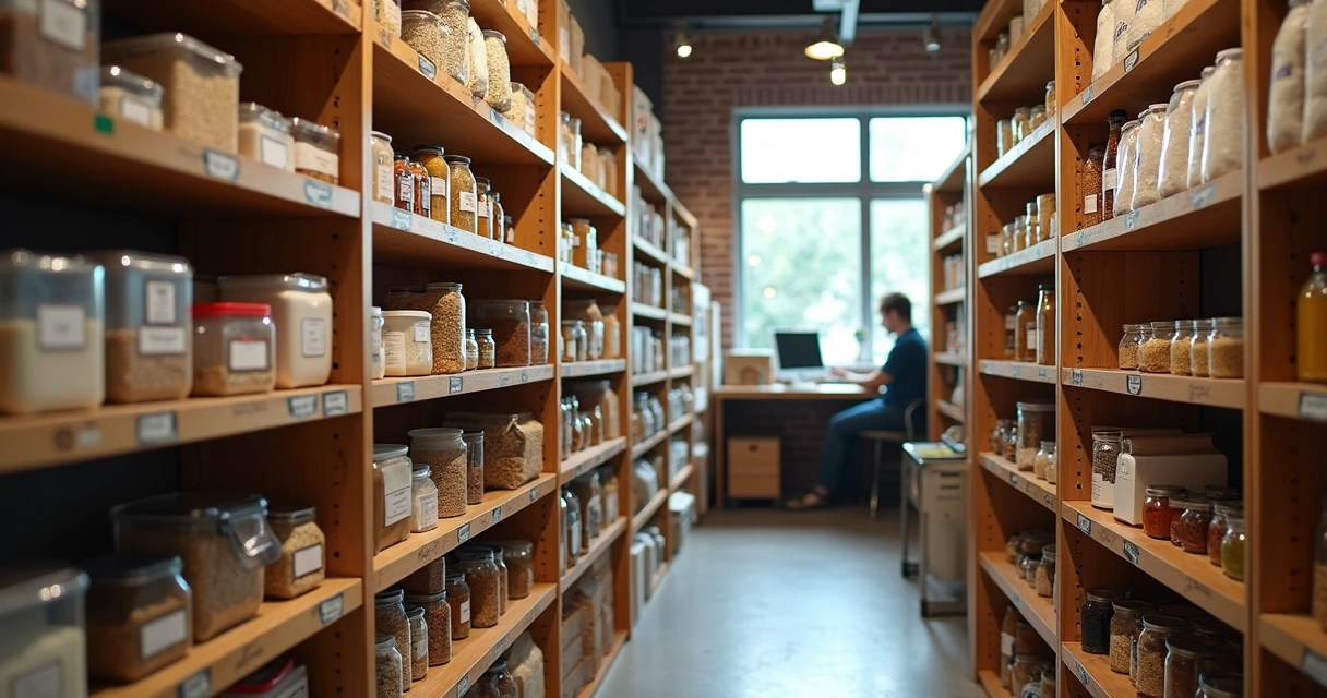 Prateleiras organizadas de alimentos secos em um restaurante. 