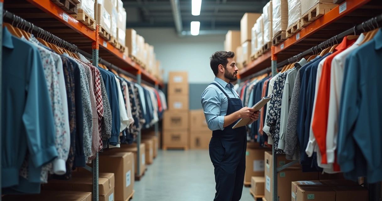 Estoque organizado com caixas e araras de roupas importadas 