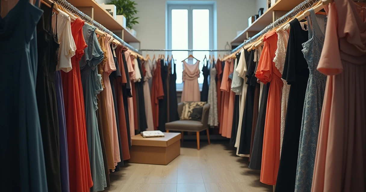 Muitas araras de vestidos, alguns com etiquetas ainda, em uma sala de estoque. 