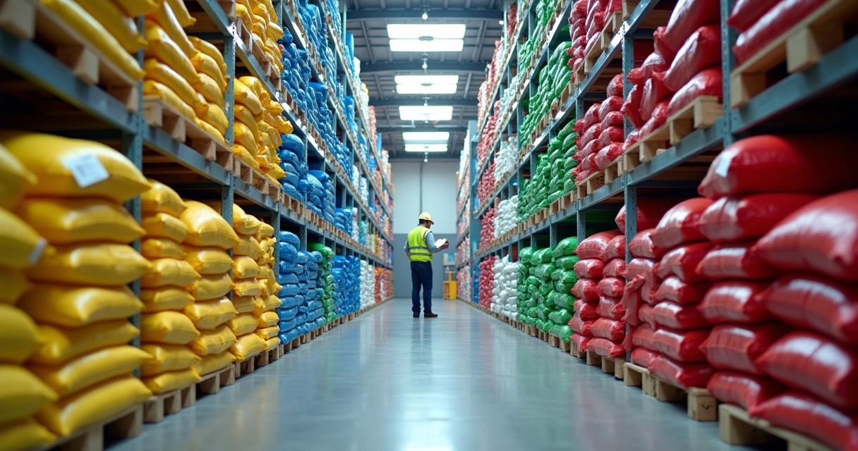 Corredor de estoque com sacos de ráfia coloridos organizados em prateleiras industriais 