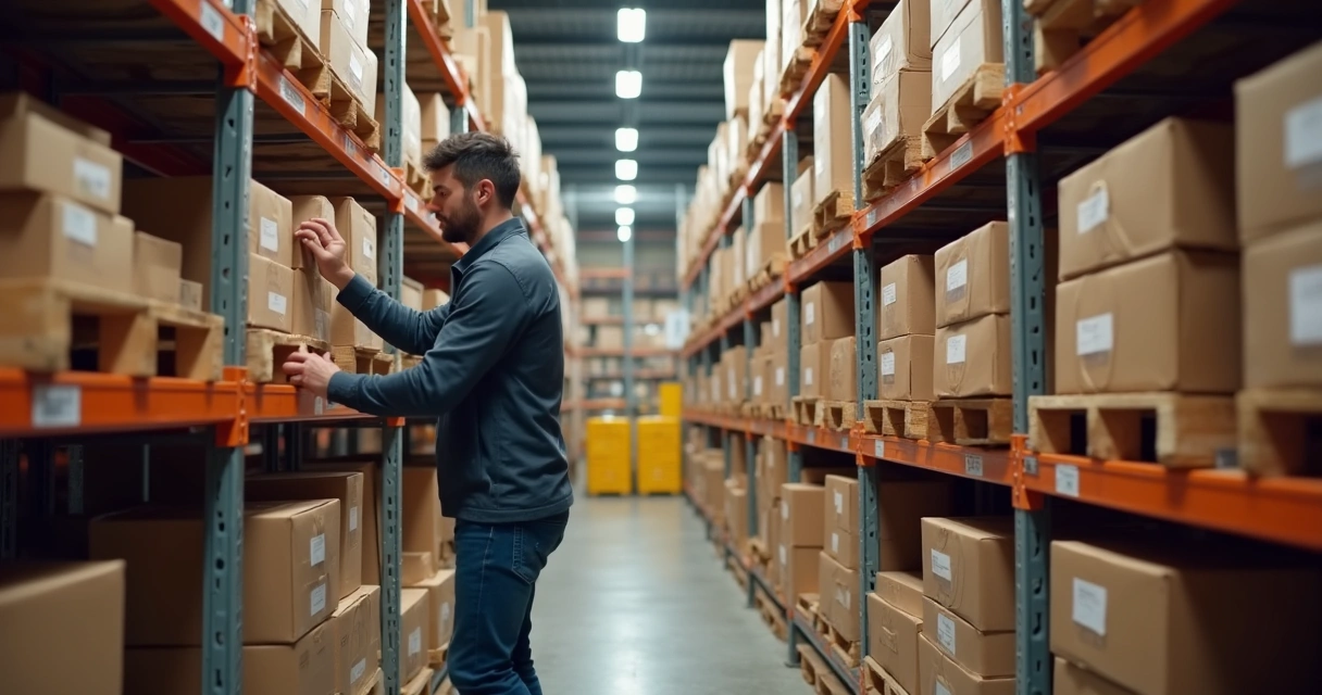 Separador de estoque pegando produtos nas prateleiras 