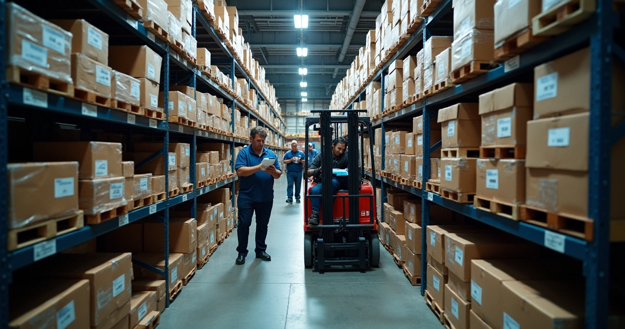 Vista detalhada do estoque de peças industriais organizadas em prateleiras 