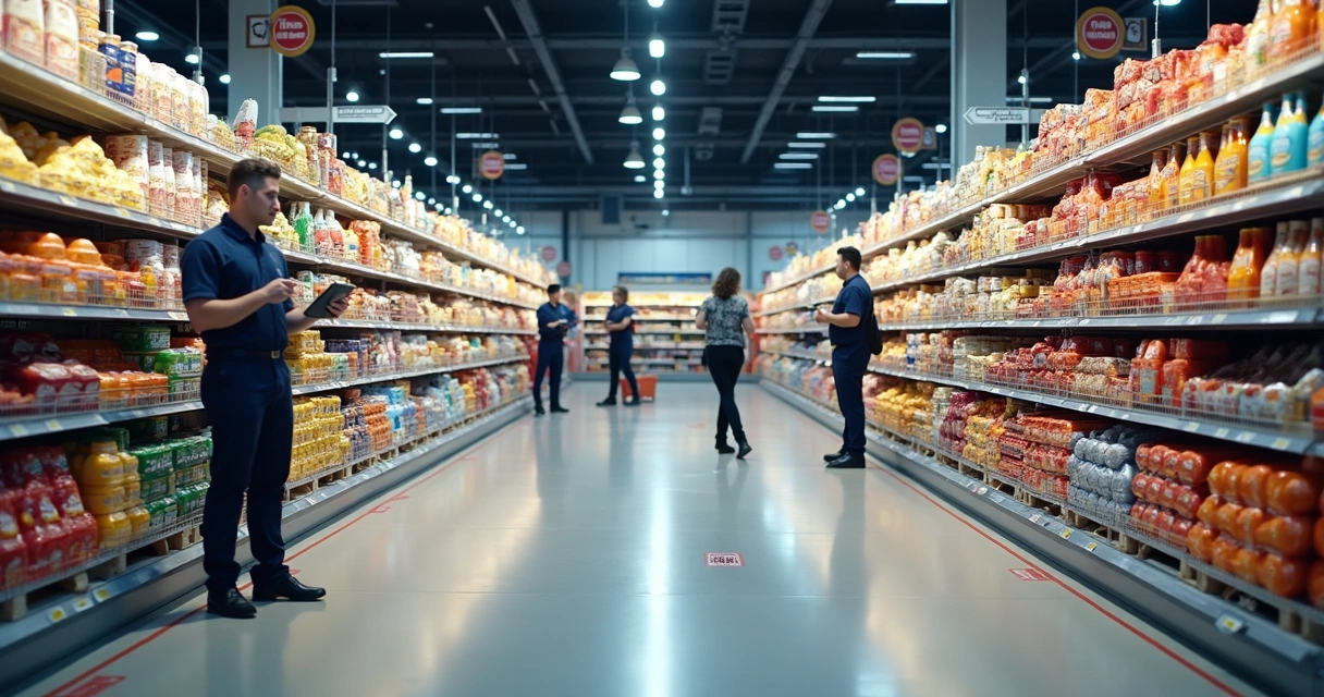 Corredor de supermercado com produtos organizados e áreas marcadas para inventário. 
