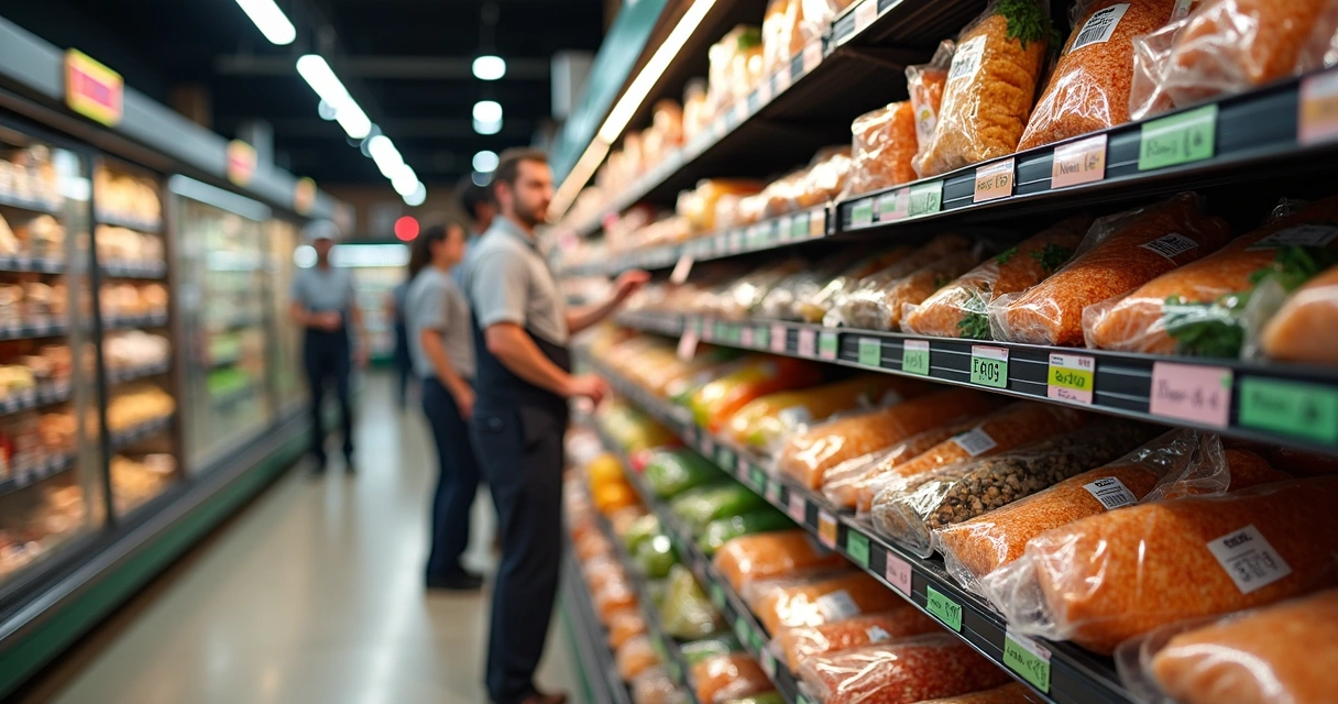 Estoque de supermercado organizado por validade com etiquetas coloridas 