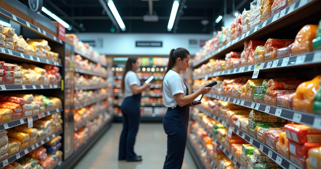 Prateleiras de supermercado com etiquetas de validade visíveis