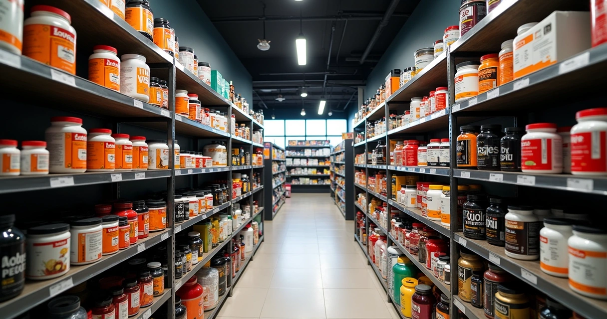 Variedade de suplementos alimentares em prateleiras bem iluminadas 