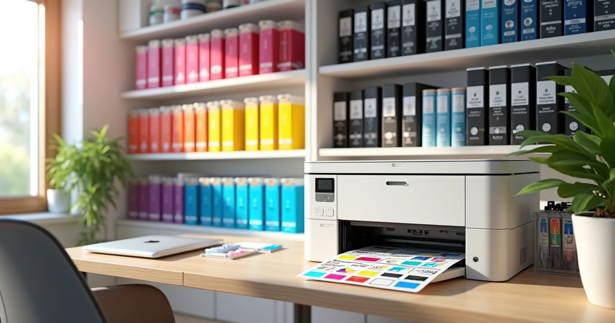 Parede com prateleiras cheias de suprimentos de impressão organizados por cor 