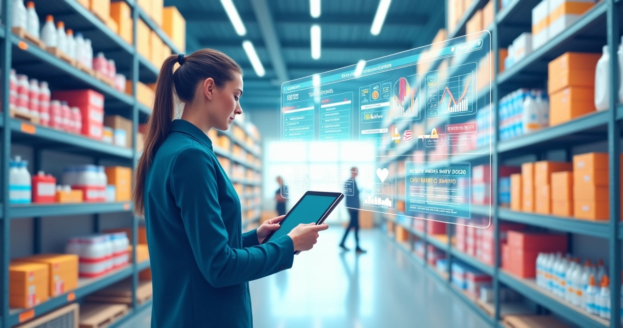 Gestor conferindo estoque com tablet em distribuidora, prateleiras organizadas, interface digital sobreposta