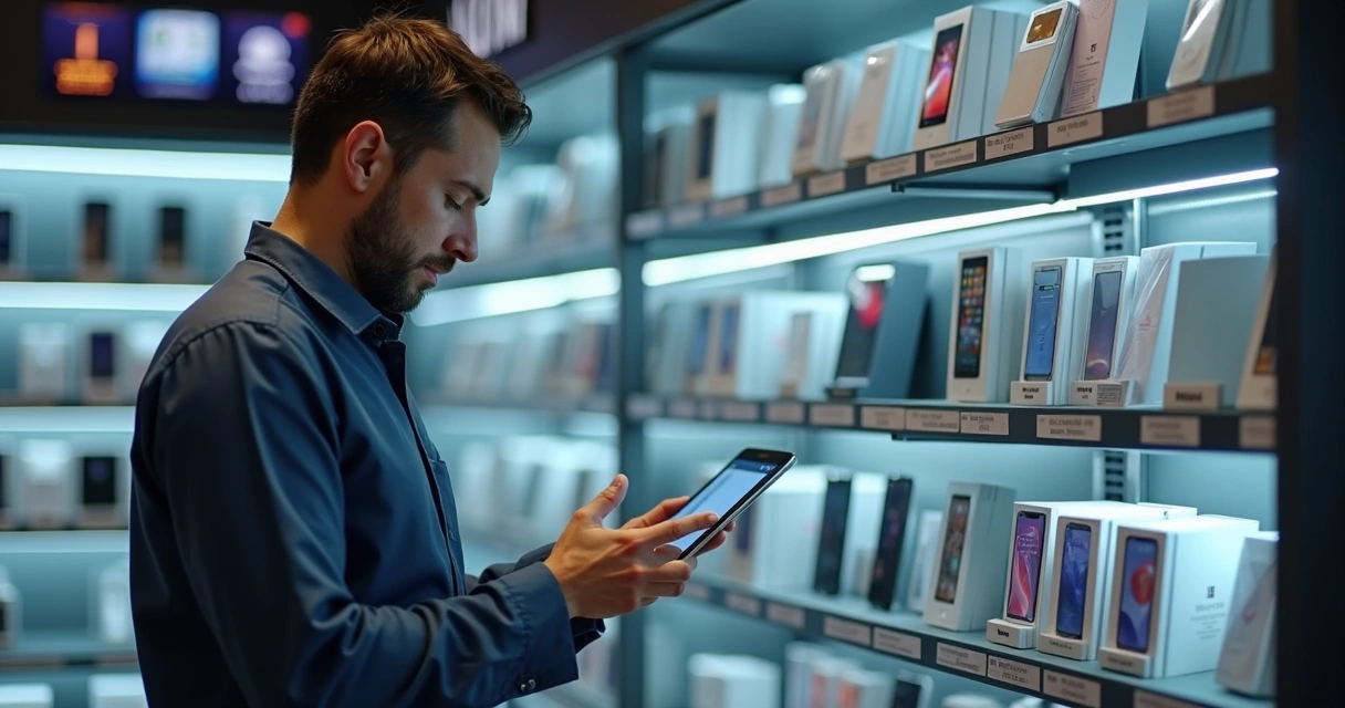 Gestor analisando estoque de celulares com tablet em mãos 
