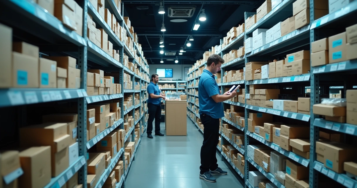 Funcionário confere estoque em prateleiras com etiquetas digitais 