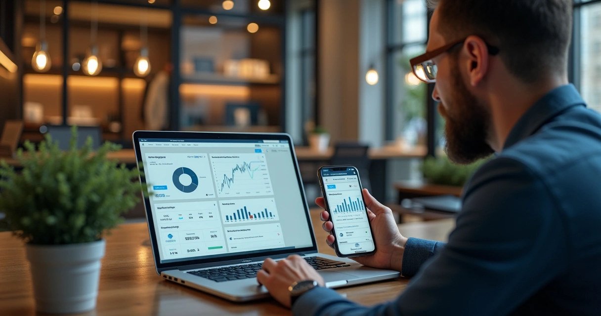 Gestor visualizando estoque unificado de várias lojas em notebook e smartphone 