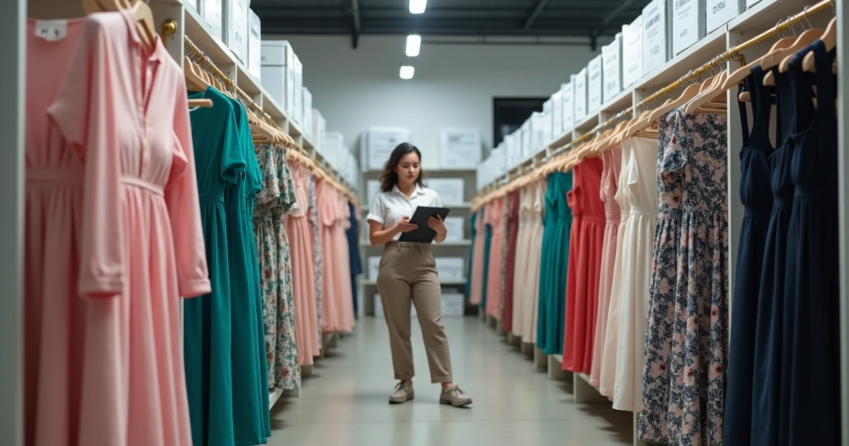 Mulher organizando estoque de vestidos em araras e prateleiras 