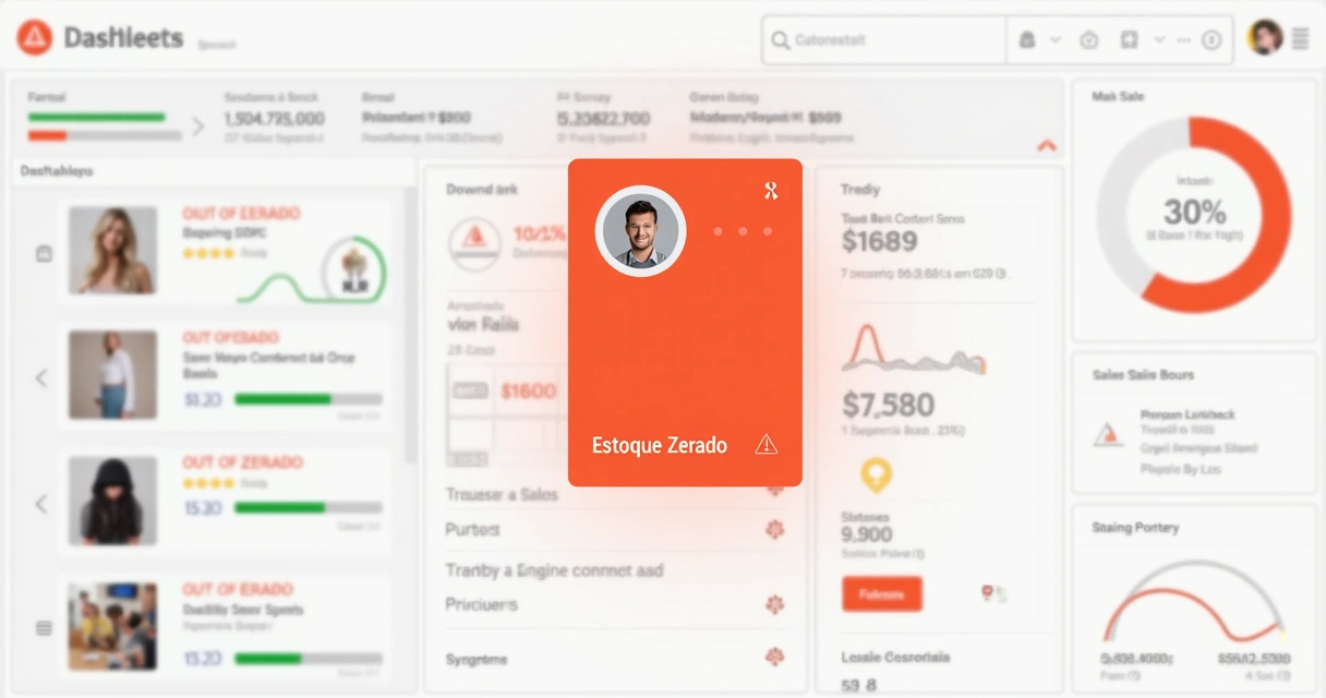 Painel digital mostrando produto com estoque zerado e alerta de ruptura de estoque
