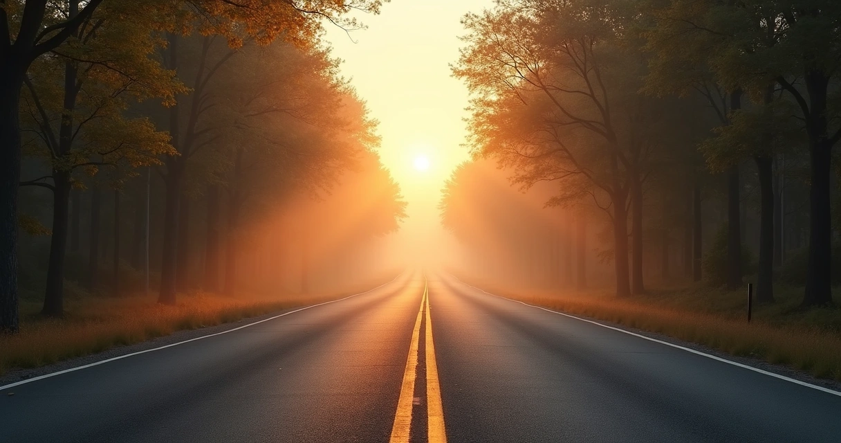 Estrada com bifurcação em ambiente de amanhecer