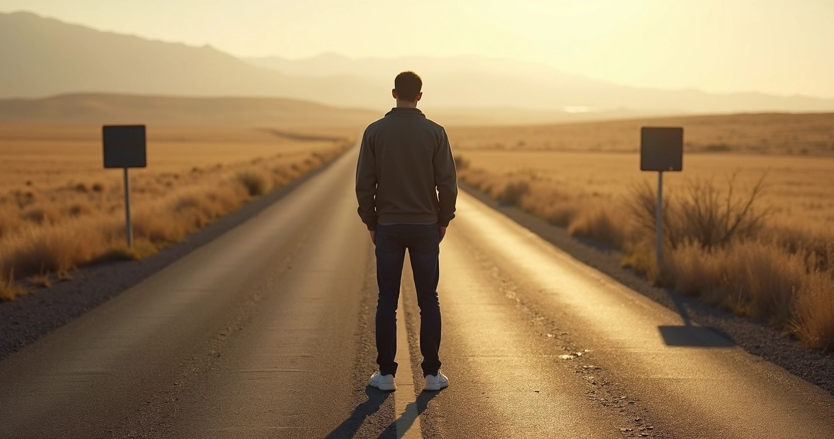 Pessoa diante de estrada bifurcada em paisagem aberta 