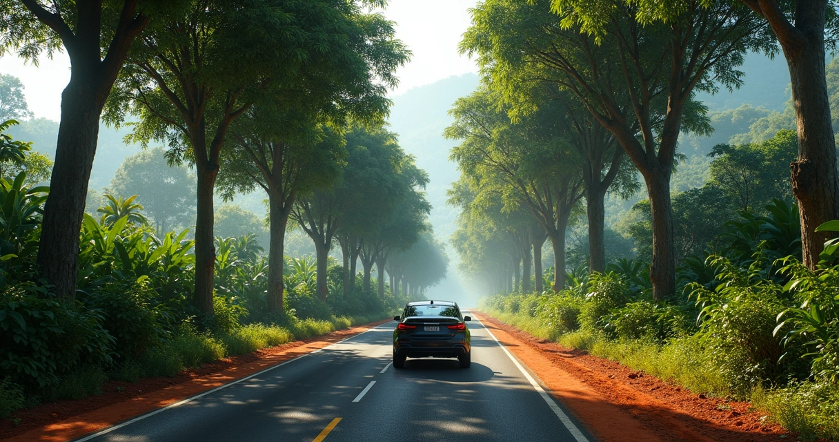 Estrada cercada por cacauais no sul da Bahia