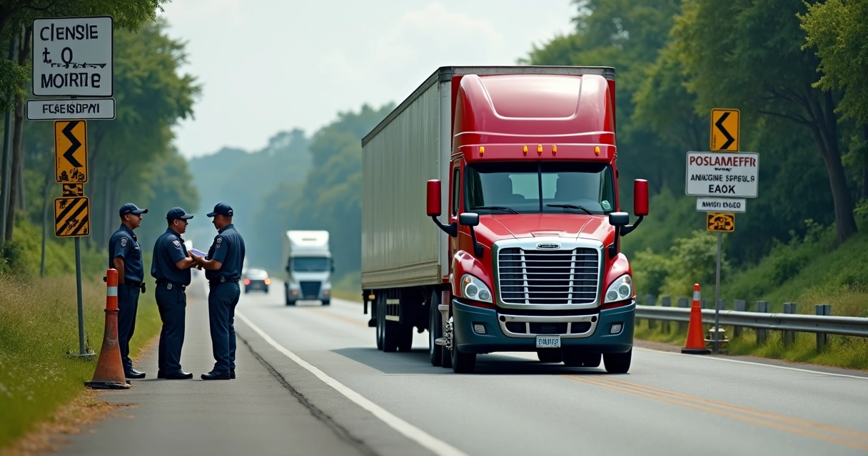 Caminhão abordado por fiscalização rodoviária 