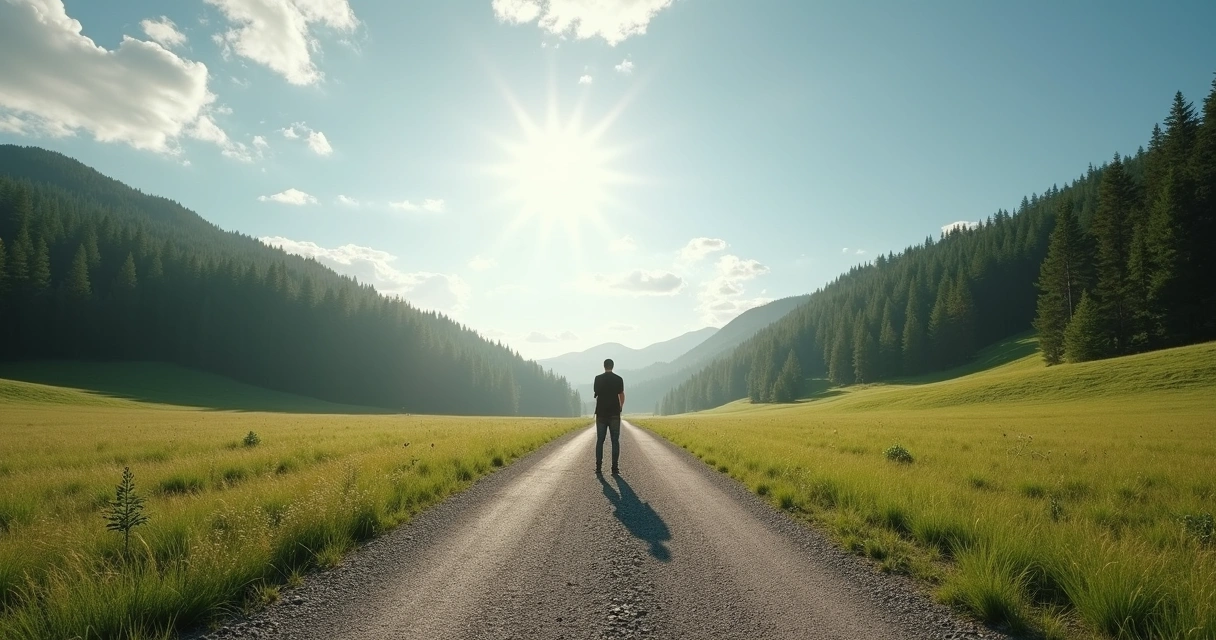 Pessoa parada em uma estrada dividida, simbolizando escolhas morais. 