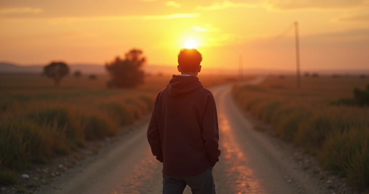 Pessoa olhando para diferentes caminhos em uma estrada ao pôr do sol 