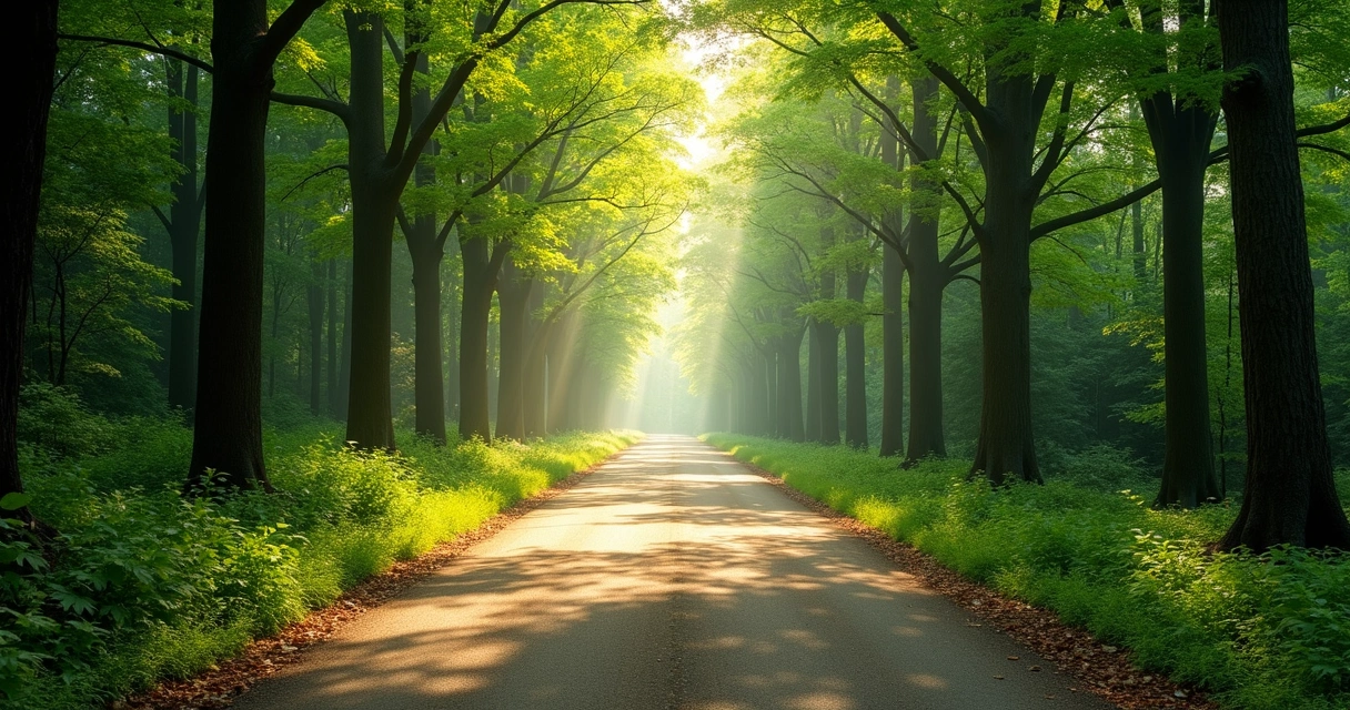Caminho arborizado em meio à natureza, transmitindo tranquilidade e introspecção 