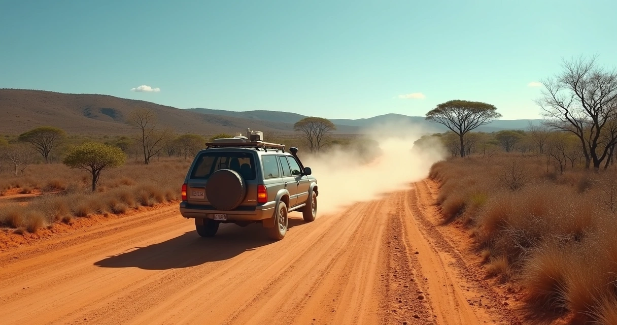 Veículo 4x4 trafega por estrada de terra no Jalapão cercado de vegetação nativa.