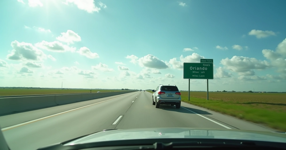 Carro na estrada reta com placa indicando distância para Orlando e paisagem com céu azul