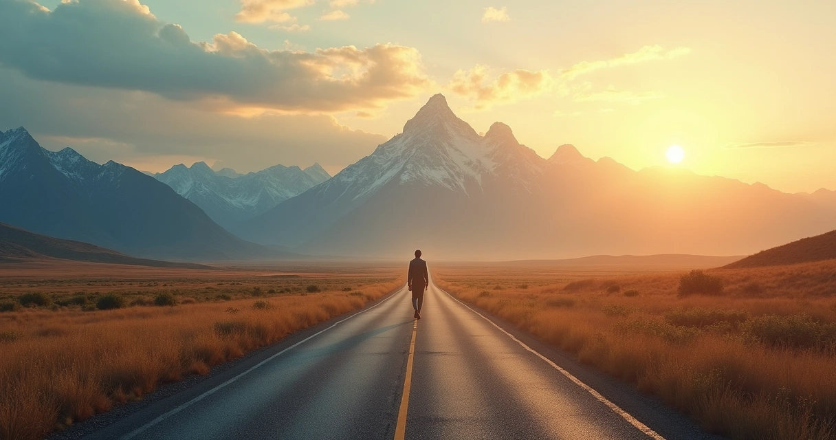 Pessoa caminhando sozinha em uma estrada para as montanhas ao pôr do sol 