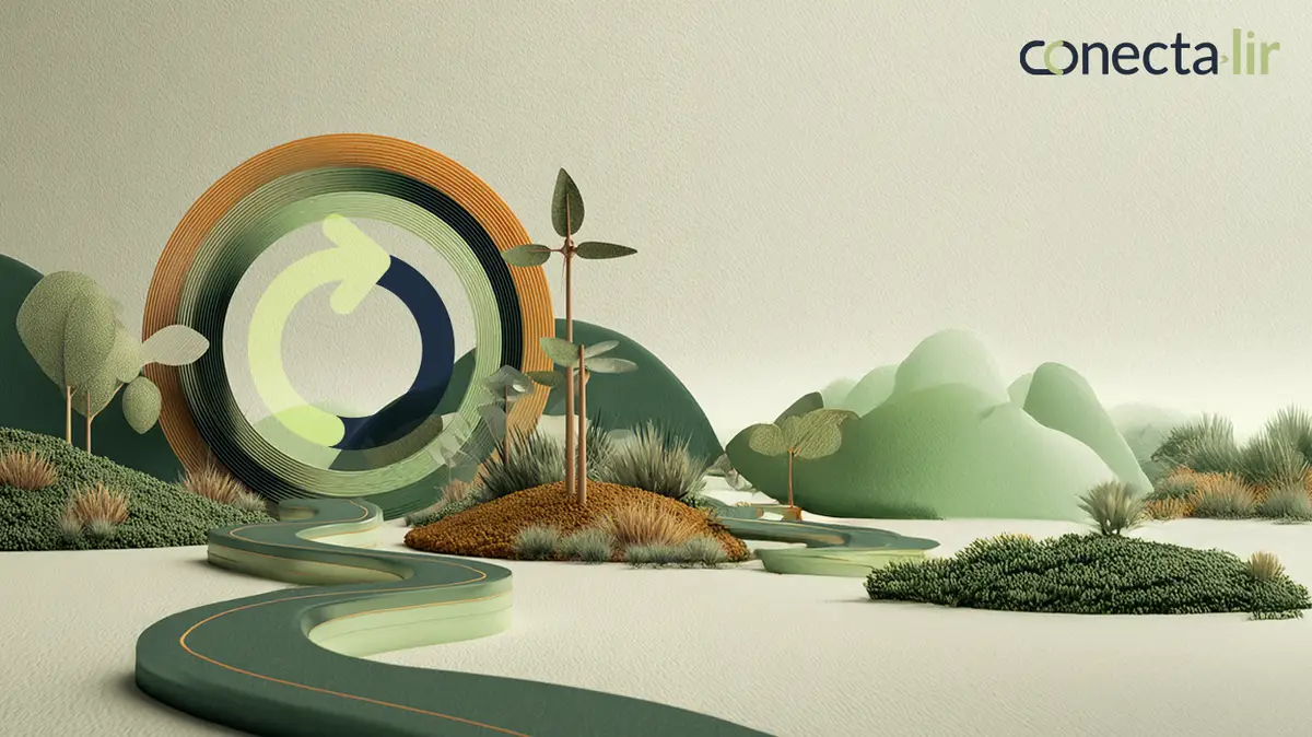 Ilustração de estrada verde sinuosa passando por natureza estilizada com plantas e montanhas, com símbolo de reciclagem ao fundo e logotipo conecta lir no canto superior direito