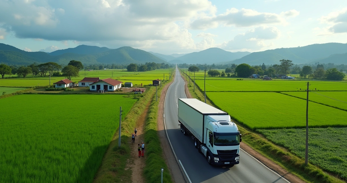 Estrada nova em área rural, caminhão e trabalhadores próximos 