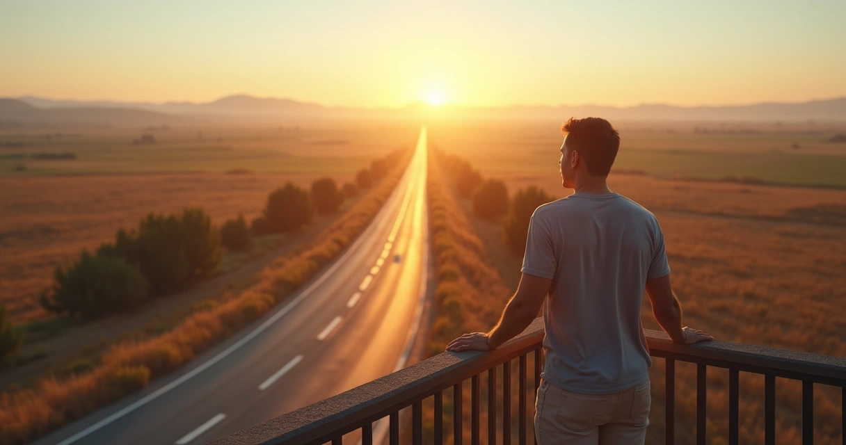 Pessoa de costas observando estrada que se divide em caminhos com símbolos de valores pessoais 