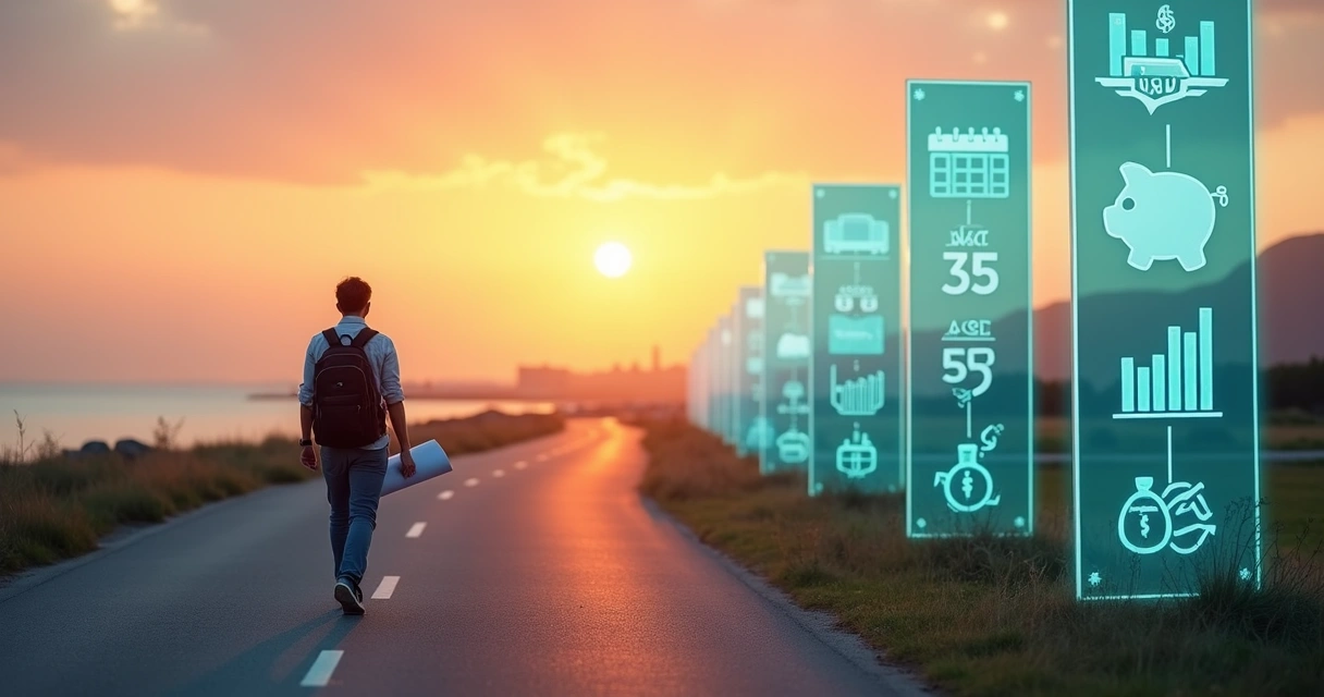 Pessoa caminhando em estrada com painéis de metas rumo à aposentadoria precoce 