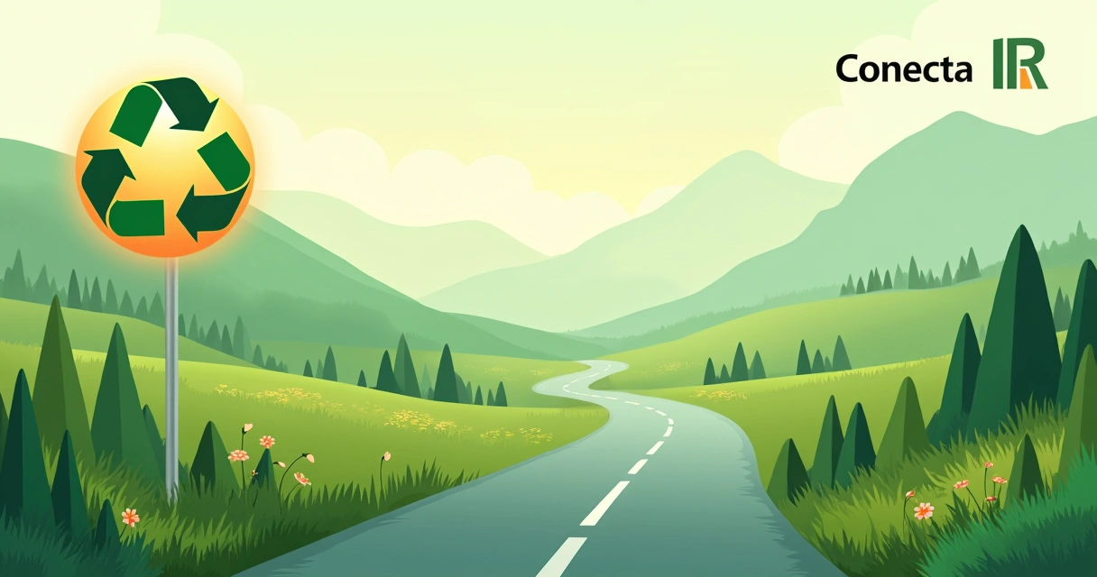 Estrada verde com símbolo de reciclagem circular ao fundo, plantas e montanhas estilizadas 