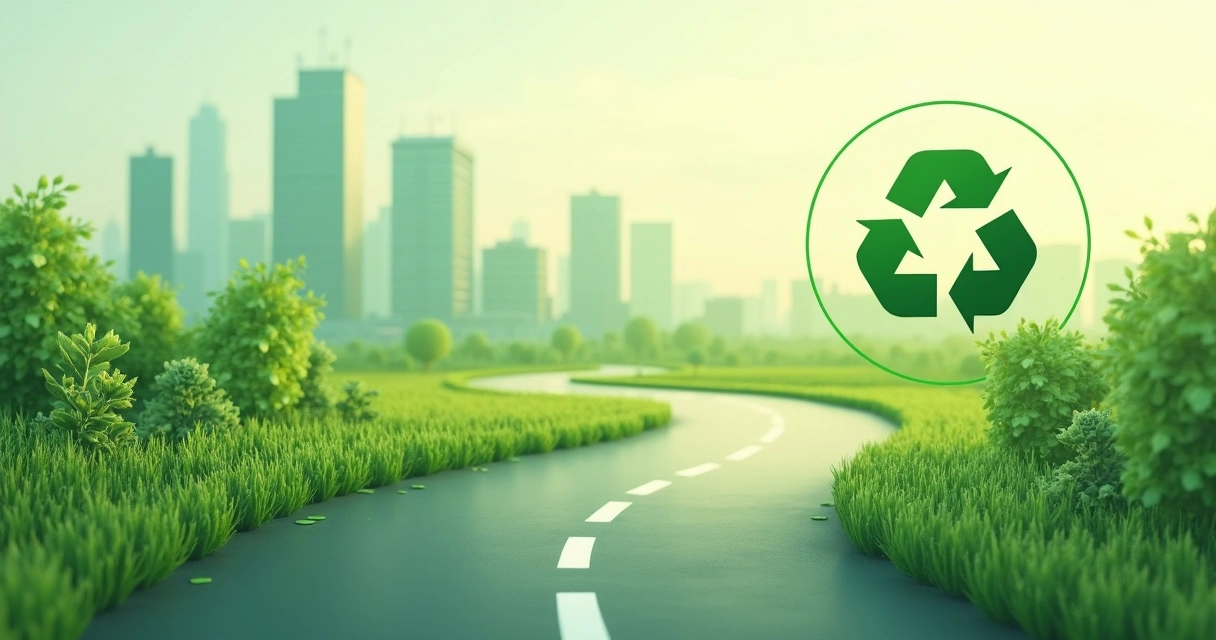 Estrada verde sinuosa com símbolo de reciclagem circular ao fundo e destaque para ambiente empresarial e urbano