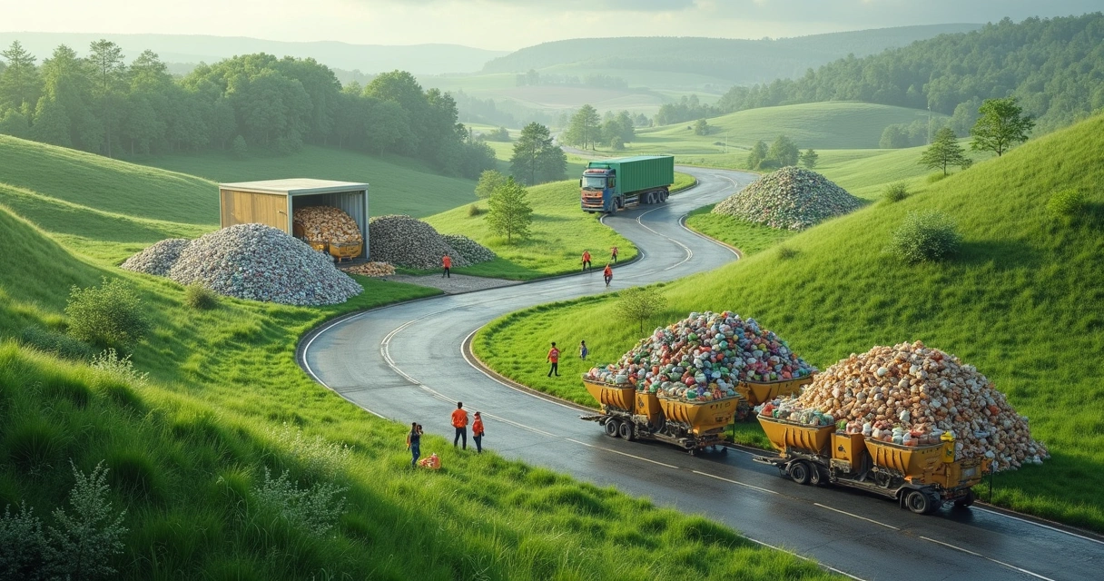 Estrada com vários materiais recicláveis separados em grupos distintos 