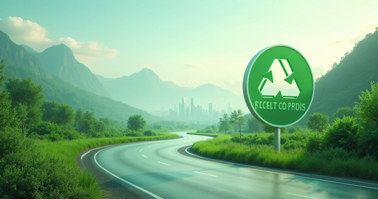 Estrada verde sinuosa com plantas e símbolo de reciclagem 