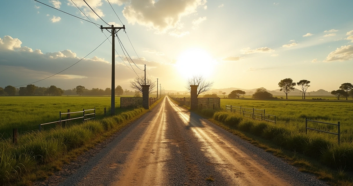 Estrada de acesso a imóvel rural com porteira e áreas de cultivo 