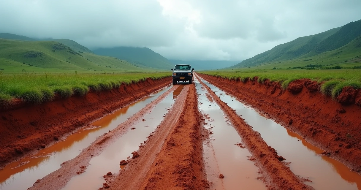 Estrada rural de terra com lama e marcas de pneus após chuva 