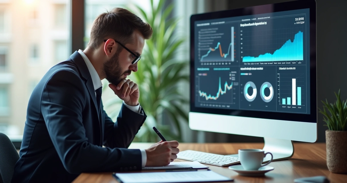 Advogado analisando dados no computador e escrevendo estratégias em papel 