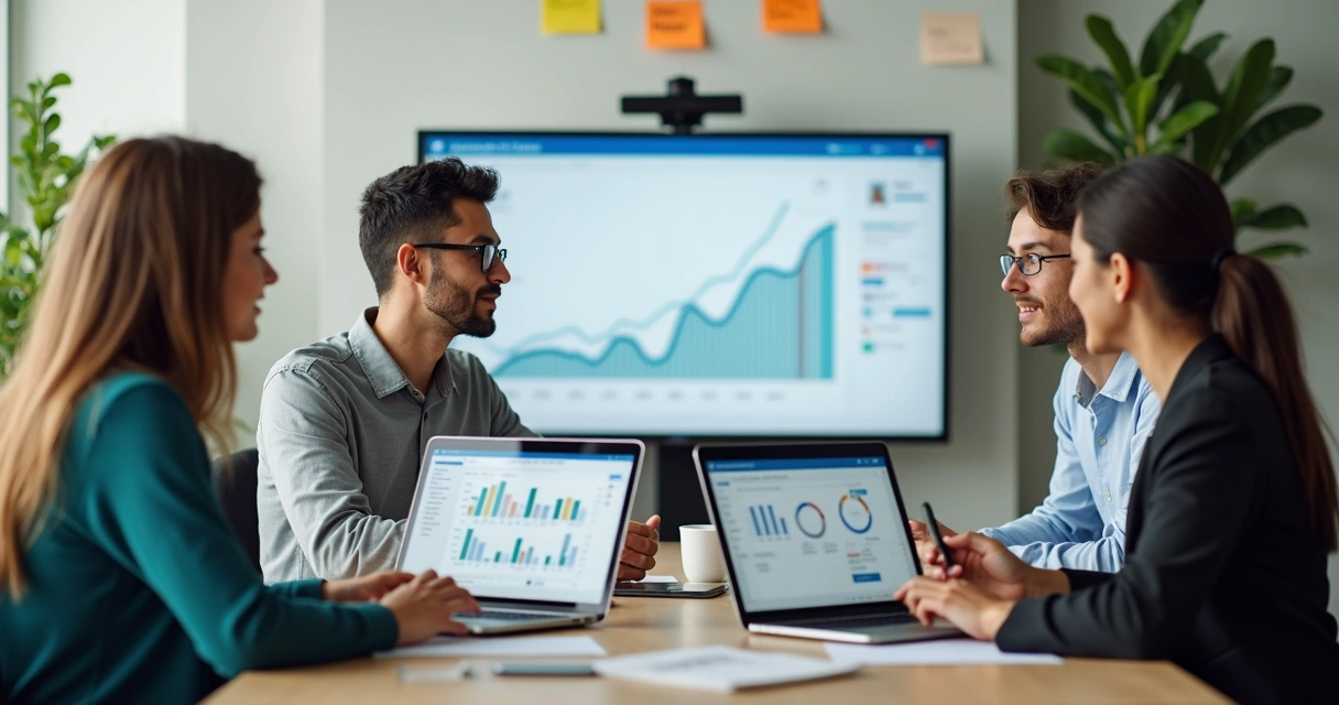 Profissionais analisando gráficos de desempenho em laptops sobre uma mesa