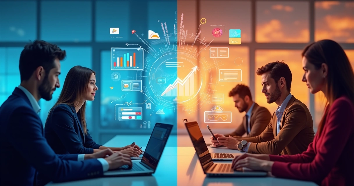 Ilustração comparativa com gráficos e ícones mostrando estratégias digitais B2B e B2C lado a lado 