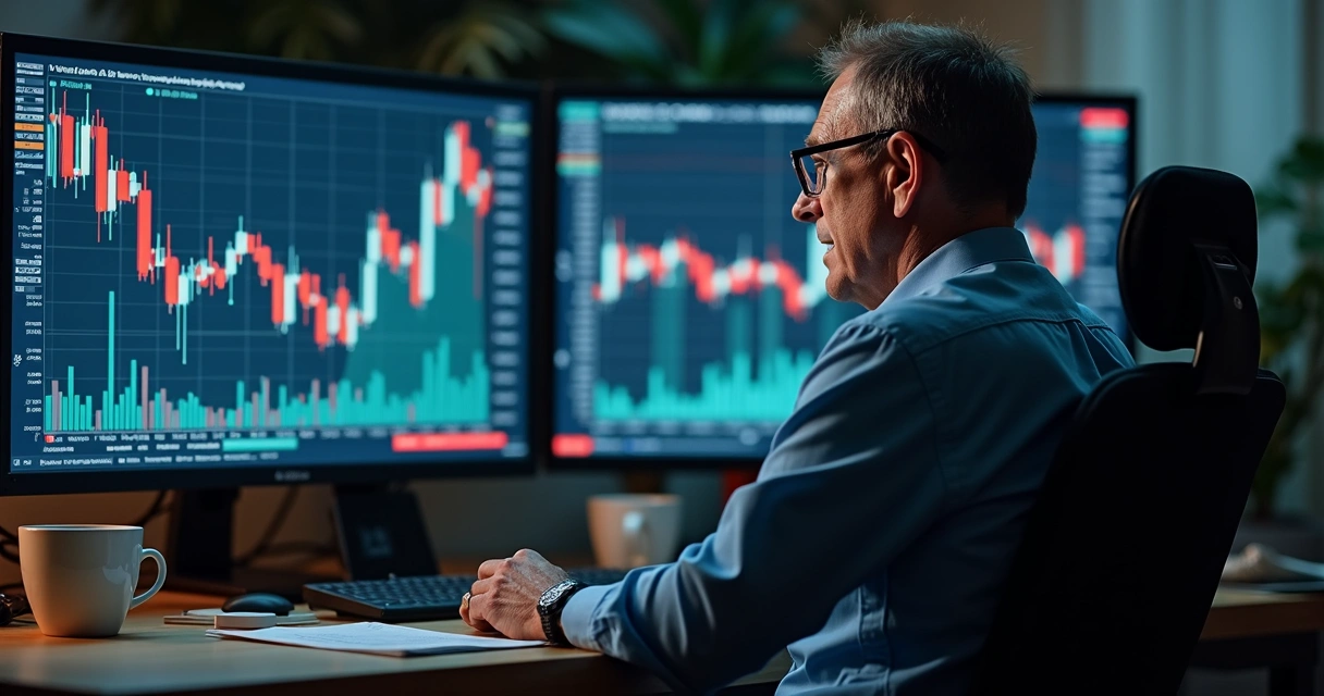 Homem olhando gráficos financeiros em tela, expressão de dúvida 