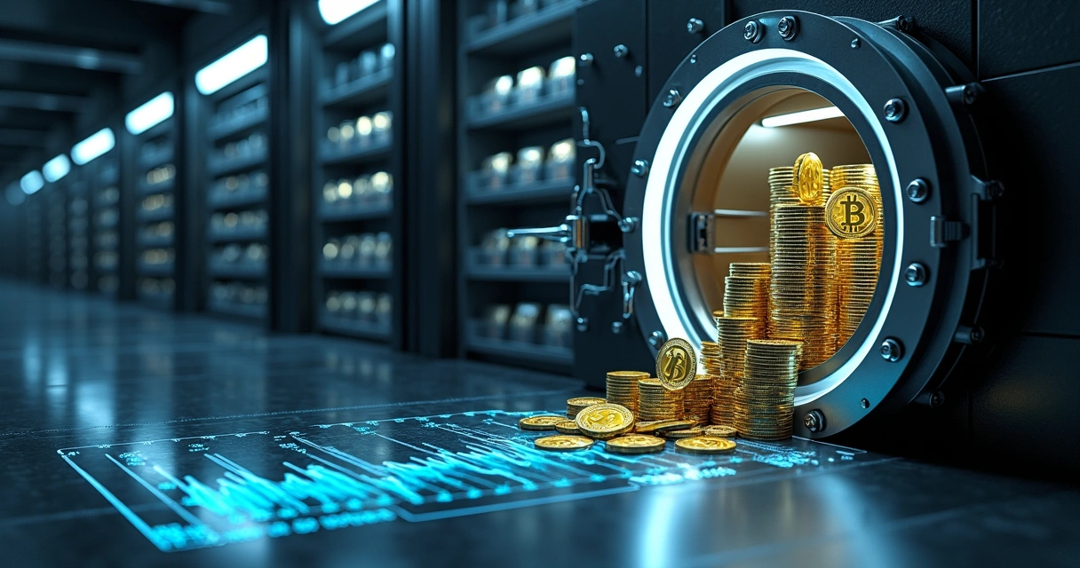 Cofre moderno aberto revelando enormes prateleiras de bitcoins empilhados 
