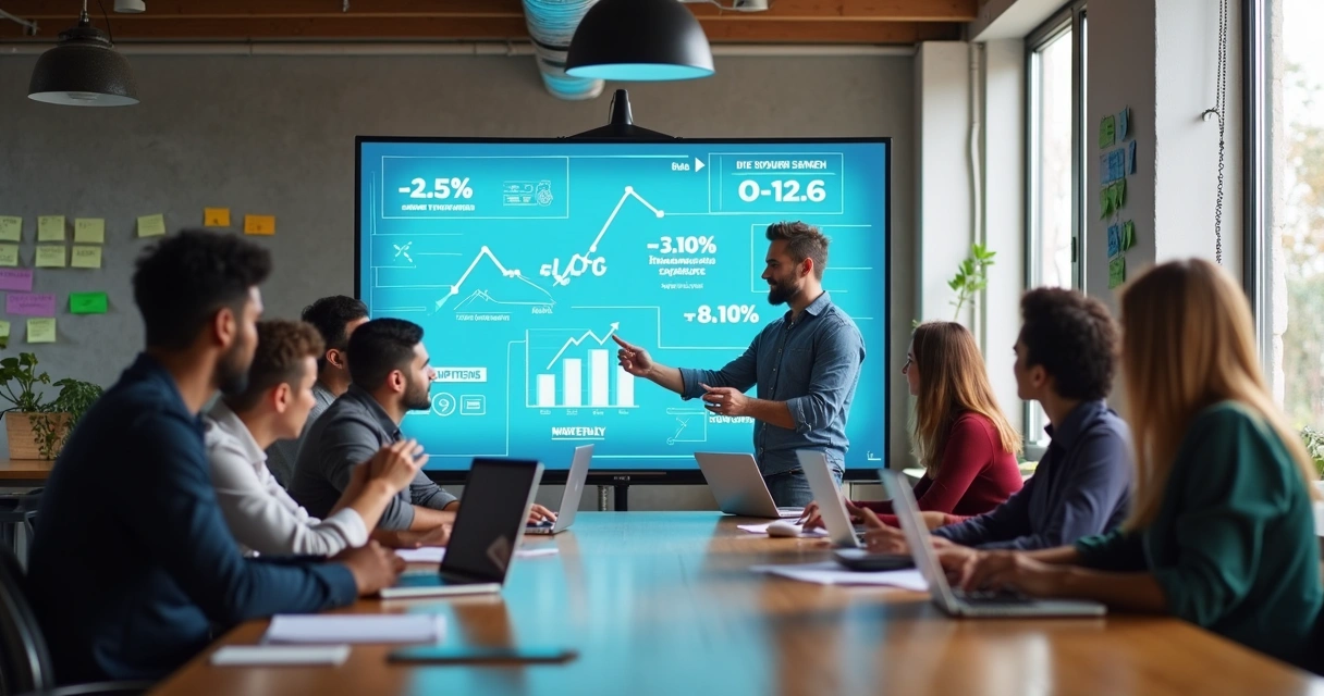 Estratégia de marketing digital com gráficos e equipe analisando CAC em uma agência 