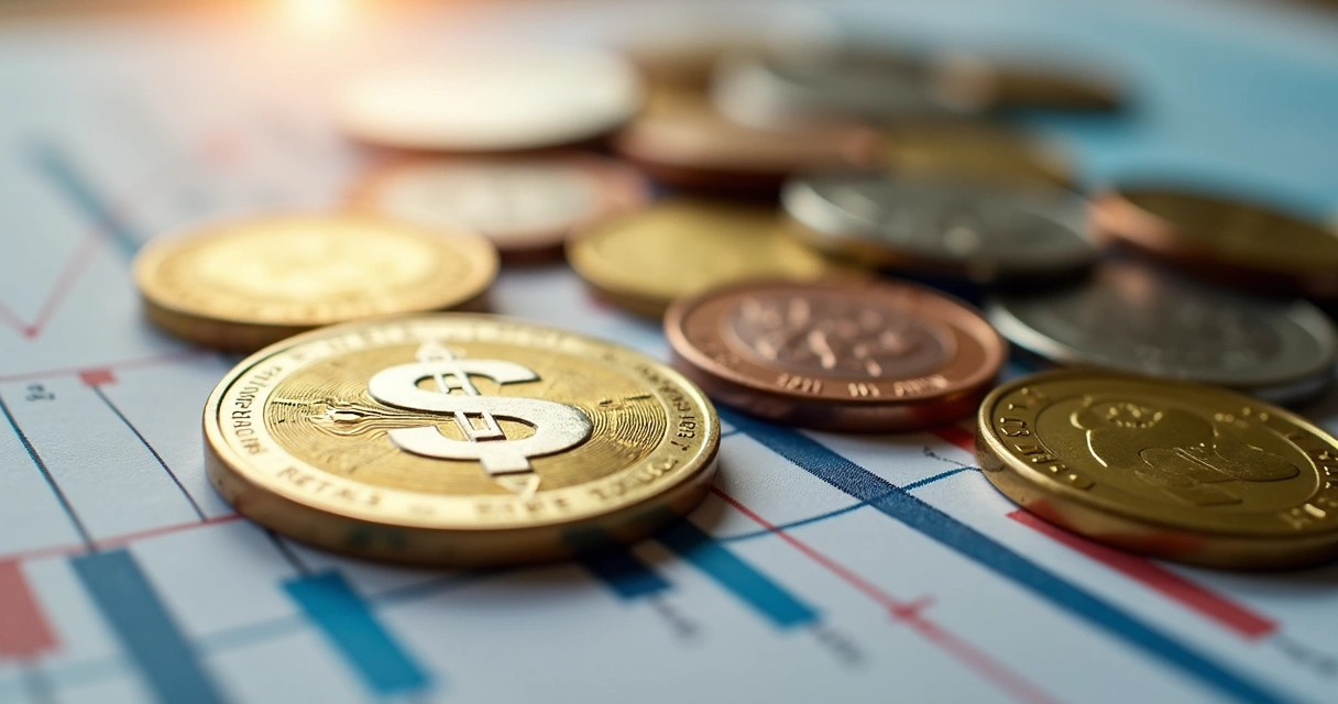 Moedas diferentes sobre um gráfico financeiro, destacando dólar e outras moedas. 
