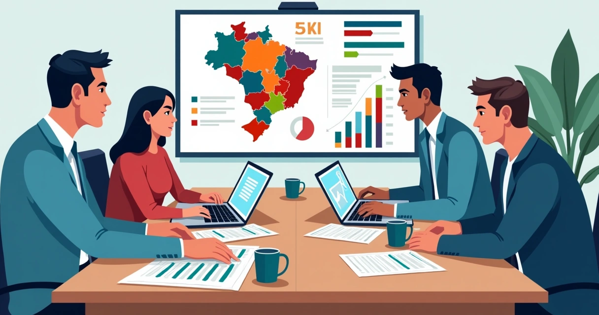 Equipe reunida ao redor de uma mesa analisando gráficos de campanha