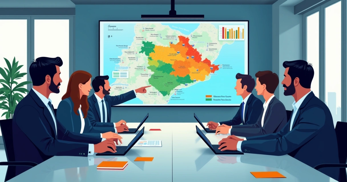 Grupos de profissionais reunidos analisando mapas e gráficos de Minas Gerais em tela digital 